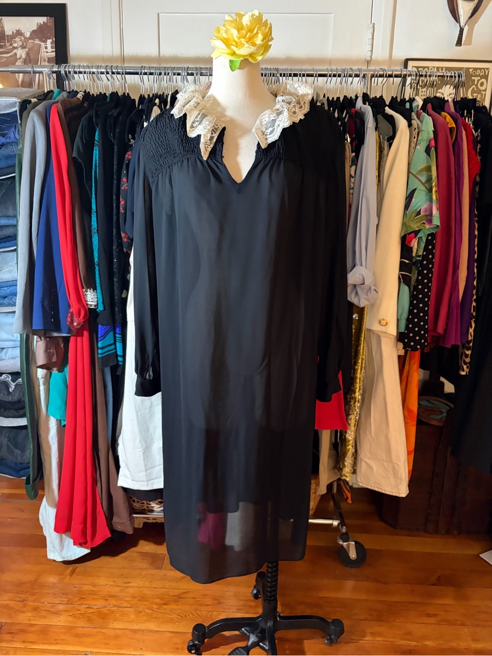 Going Places New York Black Shift Dress Sheer Smocked Lace Collar